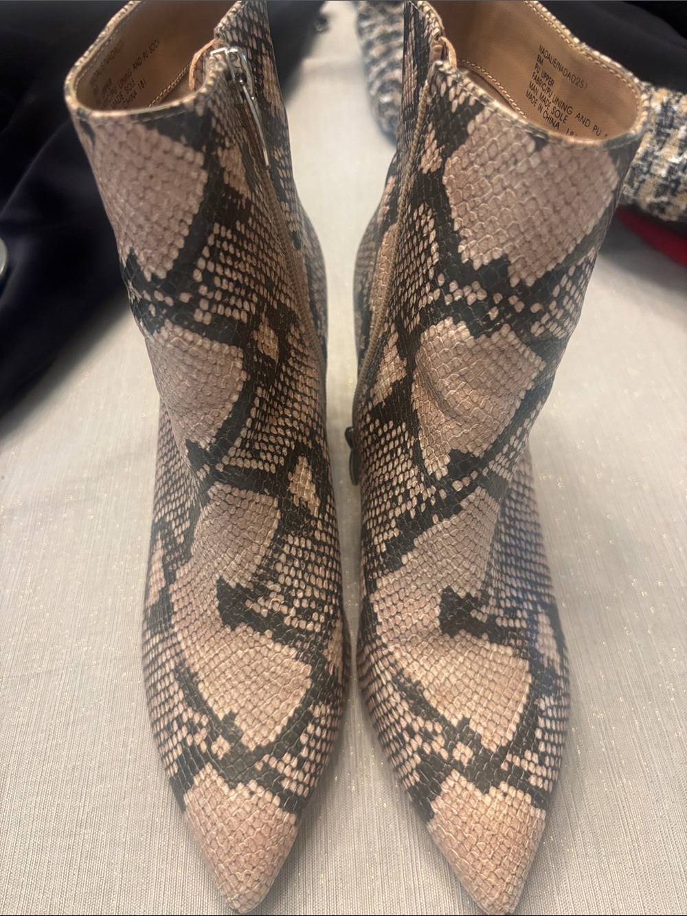 Steve Madden Snake-Print Pointed Ankle Boots in Beige & Black